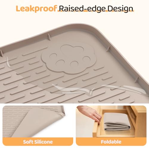 Dog Food Mat 34''x22'' Extra Large Dog Mat for Food and Water (34"L x 22"W / Khaki)