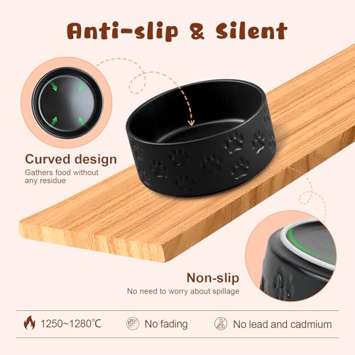 Ceramic Elevated Dog Bowl Set with Acacia Wood Stand for Food and Water for Cats and Small Dogs (13.52 Oz / Dog Paw Black)