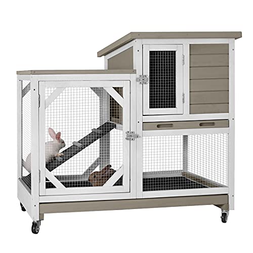 Upgrade Rabbit Hutch Rabbit Cage Indoor Bunny Hutch with Run Outdoor Rabbit House with Two Deeper No Leak Trays (Mocca / 40.6"L x 26"W x 39.3"H)