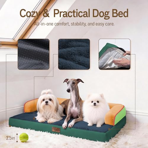 Washable Dog Bed with Bolster for Medium to Large Dogs (Citrus Grove / 36"L x 27"W x 7.5"Th)