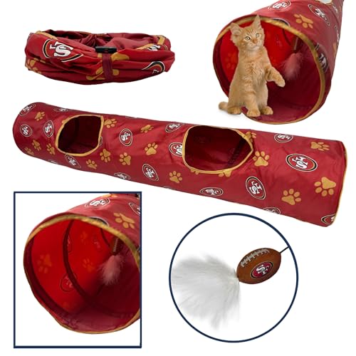 NFL San Francisco 49ers Cat Tunnel Tube Toy with Plush Football Catnip and Feathers Collapsible Tunnel for Cats to Play (San Francisco 49ers)