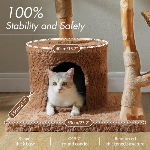 Modern Cat Tree with Real Wood&Wicker Basket for Large Cats Brown (Brown)