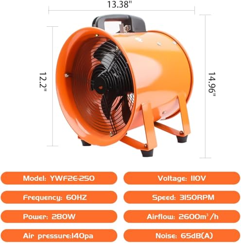 10-Inch High-Velocity Portable Utility Blower Fan, Industrial Exhaust Fan with 16.4ft Flexible Duct Hose, 3150 RPM Ventilator for Basements, Workshops, Warehouses, and Confined Spaces (10" x 16.4ft)
