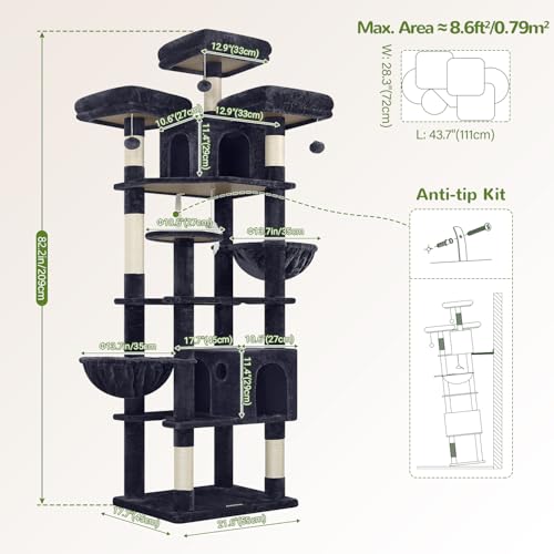Cat Tree Tower for Multiple Adult Cats (82 inch / Dark Grey)