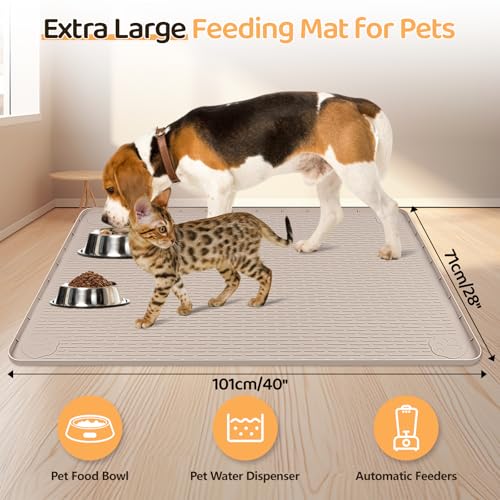 Dog Food Mat 40''x28'' Extra Large Dog Mat for Food and Water (40"L x 28"W / Khaki)