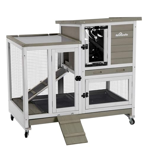 Upgrade Rabbit Cage Indoor Bunny Hutch with Run with Two Deeper No Leak Trays (Mocca / 40.6"L x 26.0"W x 37.6"H)
