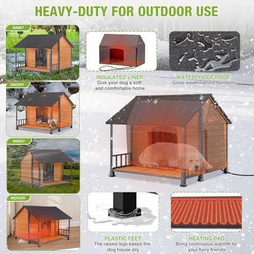 Heated Dog House Outdoor with Proch Weatherproof Dog Kennel with Heating Pad and Anti