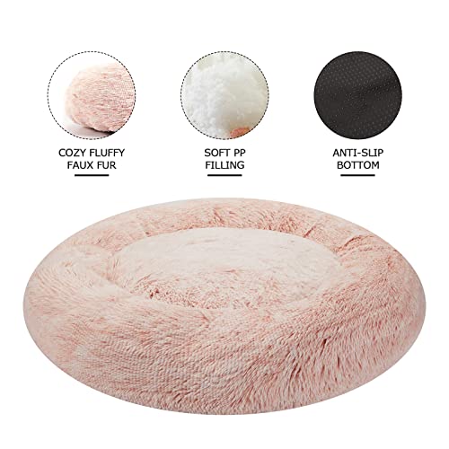 Calming Fluffy Donut Dog Bed for Medium Dogs (30.0"L x 30.0"W x 8.0"Th / Pink)
