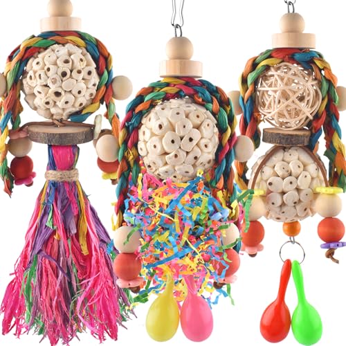 3PCS Bird Parrot Foraging Shredder Hanging Toys Sola Balls with Sand Hammer for Small Parrots Parakeets Conures Cockatiels Love Birds Cage Toy (3 PCS)