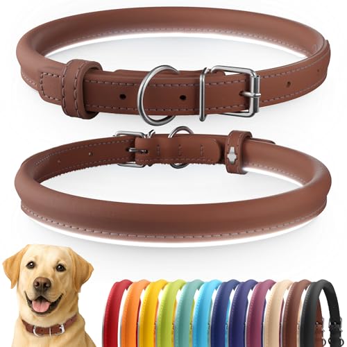 Tangle Free Reflective Leather Dog Collar (Cinnamon / L)