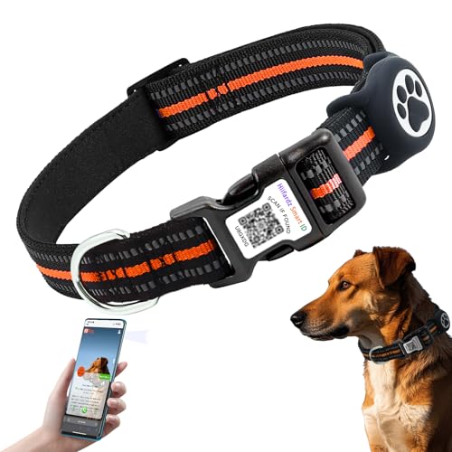 Dog Collar with Tracker Holder and QR Code ID (Orange / M (13-22"))