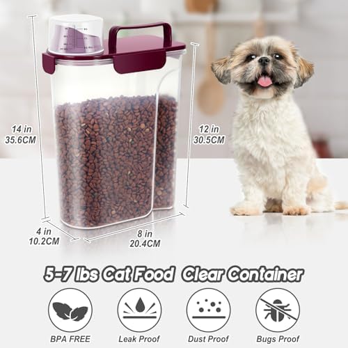 5 7Lbs Portable Cat Dog Food Storage Container with Upgraded Large Spout and Cup Dispenser for Small Large Animal Kibble (Purple+Gray+Green / 5L-3pack)
