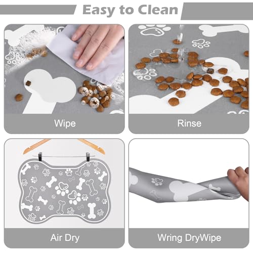 Dog Cat Food Mat (24"L x 16"W / Bone Shaped Grey)