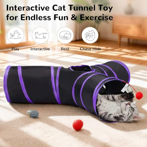 Cat Tunnel, 3-Way Collapsible Toy, Large Size Black & Purple (Black & Purple / Large)