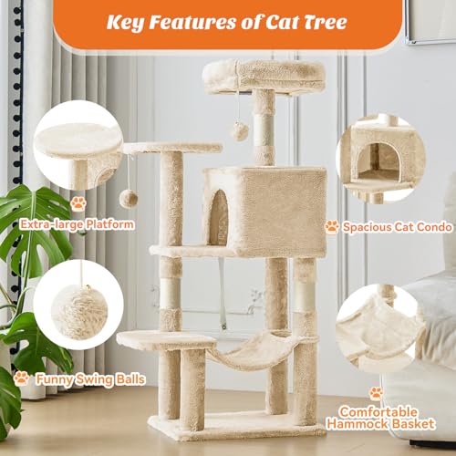 Small 44 Inch Cat Tree Tower with Natural Sisal Scratching Posts (Beige / 43.6"×13.7"×17.7")