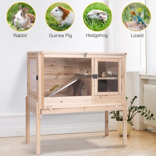 Wooden Guinea Pig Cages Indoor with Removable Stand (Natural Wood)