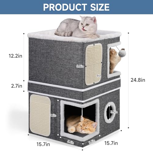 2 Story Cat House beds for Indoor Cats with Scratch Pads Grey (Grey / Double)