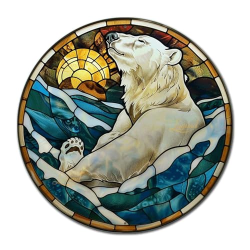 Metal Sign Tin Sign Circular Stained Glass Polar Bear Boho Decorations For Home For Gift 8×8 Inches (8×8 Inches / Polar Bear-1)
