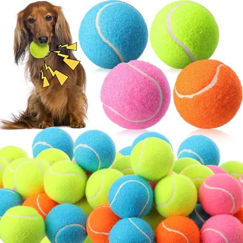 100 Pcs 2.5 Inch Squeaky Tennis Balls Bulk for Dogs Bouncy Floatable Tennis Balls Dog Playing Supplies Training Interactive Fetch Toys Indoor and Outdoor for Small Medium Puppy (Multicolor)