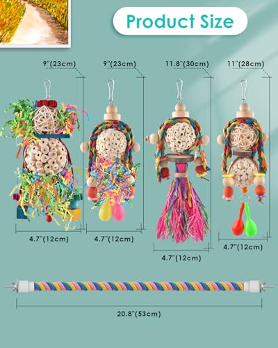 Conure Toys 5 PCS Bird Foraging Shredder Hanging Swing Rope Perch Toys Sola Balls with Sand Hammer for Small Parrots Parakeets Conures Cockatiels Love Birds Cage Toy (5 PCS)