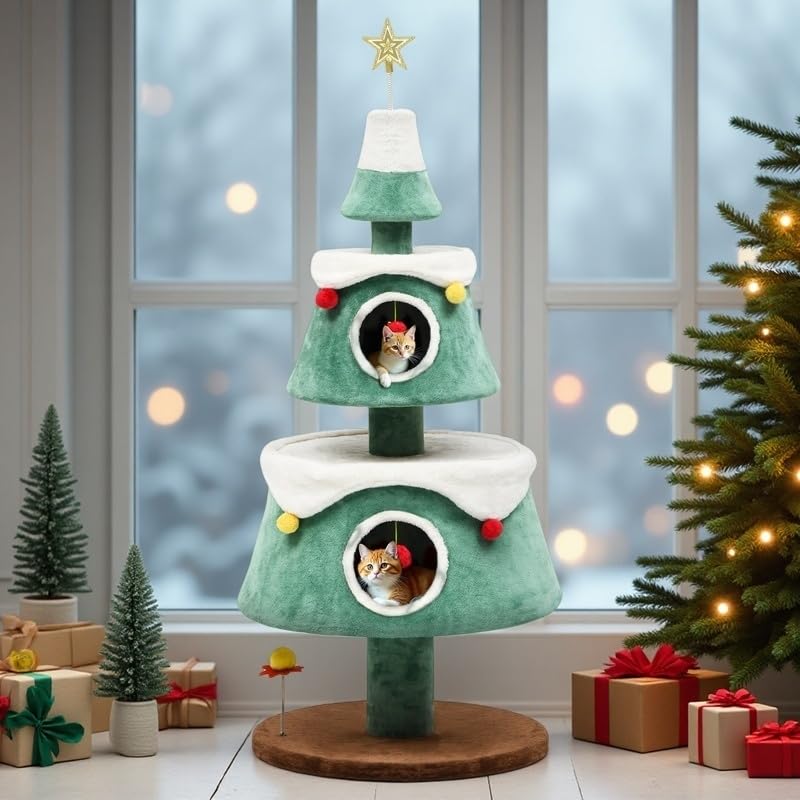 63" Christmas Cat Tree with 2 (Green+White / 63in)