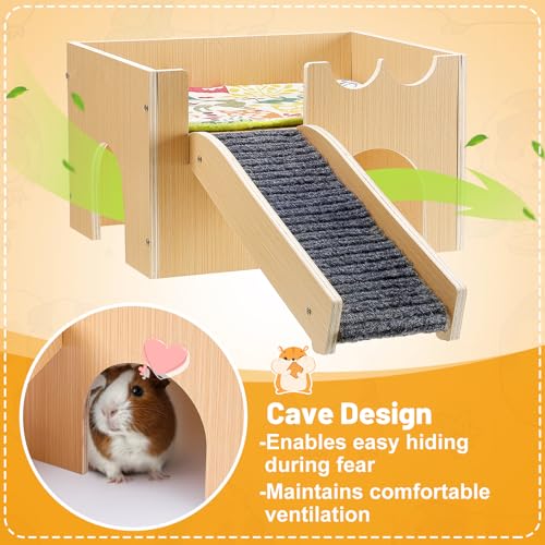 Upgraded Sturdy Wooden Guinea Pig Castle with Stairs & Mat (Small)