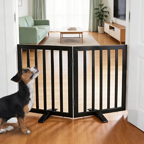 Freestanding Indoor Dog Gate for House Foldable Wood Puppy Gate for Doorways Pet Gate for Stairs Extra Wide Pet Fence (Black / 【2 Panels】40''w x 24''h)