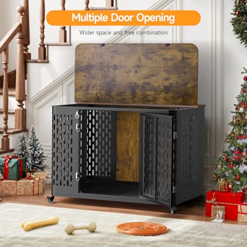 43.7" Heavy Duty Dog Crate Furniture for Large Dogs with Flip Top (Rustic Brown / 43.7"L x 29.9"W x 31.7"H)