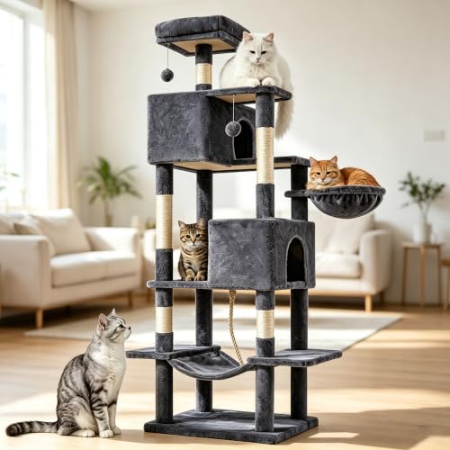 66 Inch Large Cat Tree Tower with Scratching Posts (Dark Grey / 66.9"×18.9"×18.9")