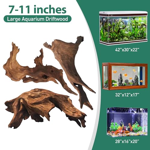 3 PCS Natural Driftwood for Aquarium Decor Fish Tank Decorations (Mopani driftwood （7-11 inch pack of 3）)