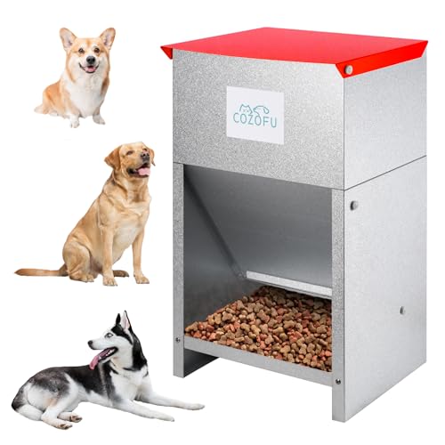 Dog Feeder Galvanized Pet Food Automatic Gravity Fed Dispenser 25lbs (Red(Feeder))