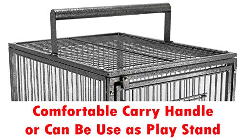 Portable Heavy Duty Travel Bird Parrot Carrier Cage Feeding Bowl Play Stand with Handle (19.0"L x 15.0"W x 25.0"H / Black)