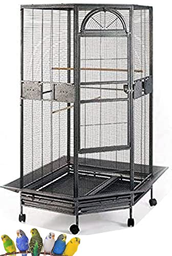 X Large Corner Parrot Bird Flight Breeding Wrought Iron Rolling Cage Solid Plated Feeder Doors with Around Metal Seed Guard (30" x 30" x 64"H / Black Vein)