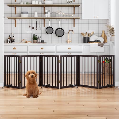 Dog Gates for the House Doorways Extra Wide 110 Inches Wood Freestanding Pet Gates for Dogs Indoor Fence with Support Stands (Espresso / 6 Panel - 110 inches Wide)
