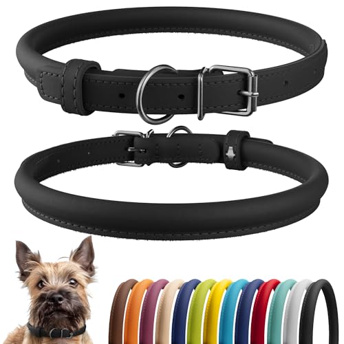 Tangle Free Rolled Leather Dog Collar (Black / XXS)