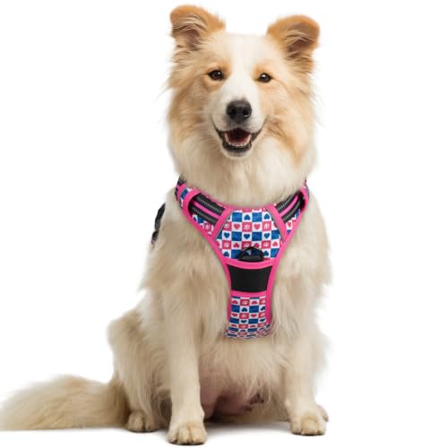 Dog Harness No Pull for Large Dogs with 2 Leash Clips (Medium / Hot Pink Grid)