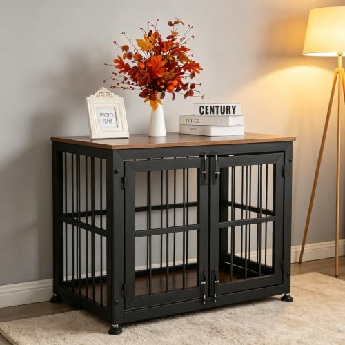 32 Inch Heavy Duty Dog Crate Furniture for Medium and Small Dogs (Black + Rustic Brown / 32.7"L x 23.2"W x 26.6"H)
