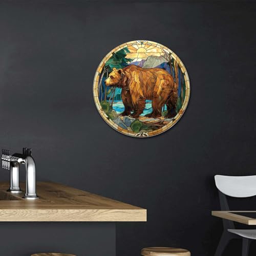 Metal Sign Tin Sign Circular Stained Glass Bear Garden Tin Signs for Bar 8×8 Inches (8×8 Inches / Bear)