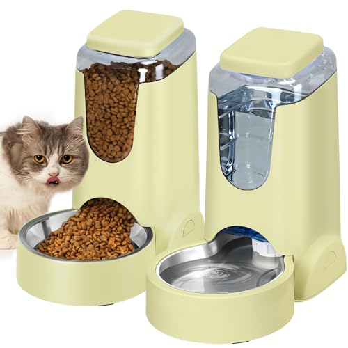 Portable Automatic Cat Feeder and Water Dispenser with Stainless Steel Bowl Dog Gravity Food Feeder and Waterer for Small Medium Pets Puppy Kitten 1 Gallon x 2 (Cream Yellow)