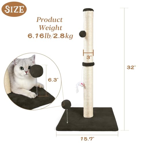 32" Tall Sisal Cat Scratching Posts Tree for Indoor Cats Adults