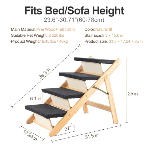 Wood Pet Stairs (4 Steps – For Standard & High Beds (23–31 in) / 31.5" L x 17.2" W x 25.0" H)