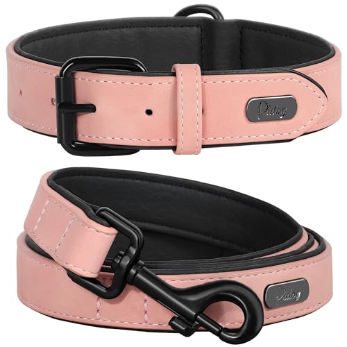 PU Leather Dog Collar and Leash Set (XL: Neck 17-23", Width 1¼" / Pink Set)