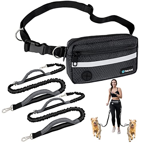 Hands Free Dog Leash Waist Belt Bag Fanny Pack (Black / 2 Leashes)