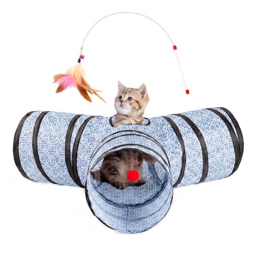 3 Way Collapsible Cat Tunnel for Indoor Cats (Blue Coin / Small)