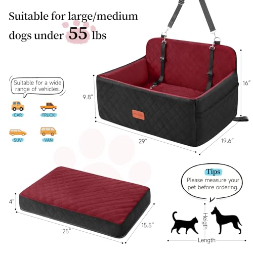 Dog Car Seat for Medium Large Dogs Under 55 lbs (Blcak/red)