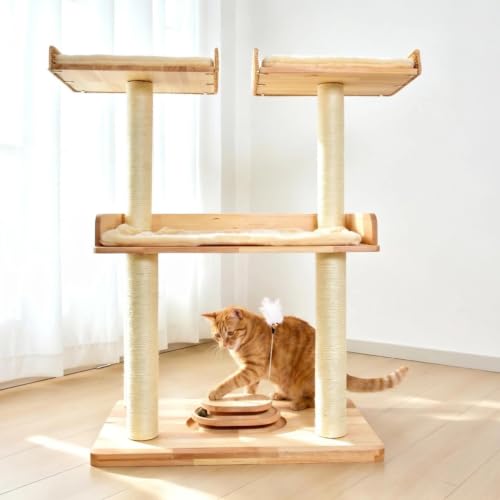 Modern Natural Real Wood Large Cat Tree with Extra Large Platform Perch for Indoor Cats Maine Coon (F)