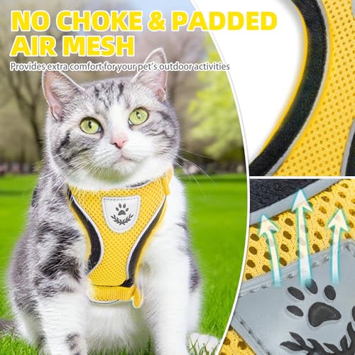 Cat Harness and Leash Set Escape Proof Reflective Cat Walking Harness Adjustable Soft Breathable Mesh Vest for Small Pets (M (NECK 11"-13.7", CHEST 16"-20") / Yellow)