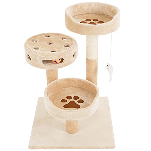 Cat Tree - 3-Tier Tall Cat Tower Condo with 2 Napping Perches, Sisal Rope Scratching Post, Hanging Mouse and Interactive Wheel Toy by PETMAKER (Beige), 27.5" (Beige)