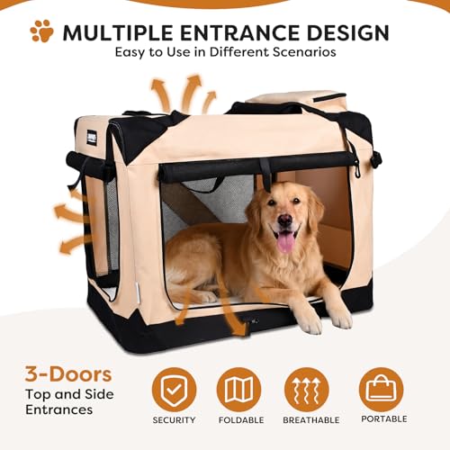 3 Door Portable Collapsible Soft Dog Crate Carrier with Bed (Camel)