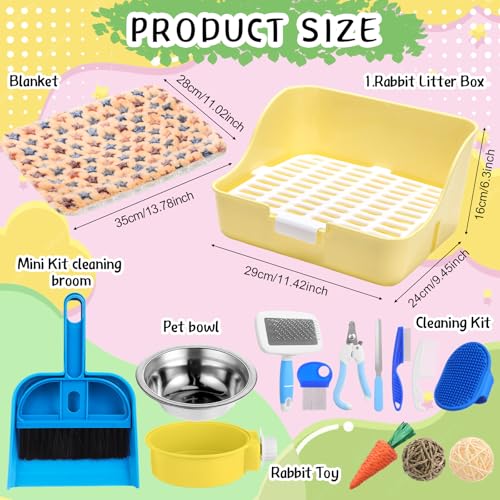 15 Pcs Rabbit Starter Kit Small Rabbit Litter Box Girls Gift Animal Grooming Kit Bunny Toys Bowl Blankets with Cleaning Set for Guinea Pig Accessories (Blue)